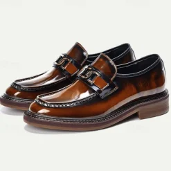 Men's Premium Cowhide Leather Loafers with Glossy Finish, Chain Detail - Formal Dress Shoes for Business, Weddings & Special Occasions