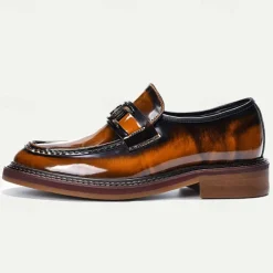 Men's Premium Cowhide Leather Loafers with Glossy Finish, Chain Detail - Formal Dress Shoes for Business, Weddings & Special Occasions