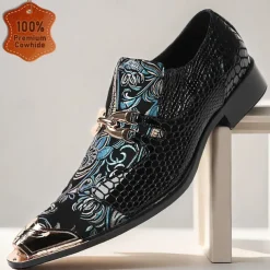 Men's Premium Cowhide Leather Punk Style Loafers - Floral Embroidered Slip-On Shoes with Metal Toe Cap and Buckle