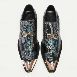 Men's Premium Cowhide Leather Punk Style Loafers - Floral Embroidered Slip-On Shoes with Metal Toe Cap and Buckle