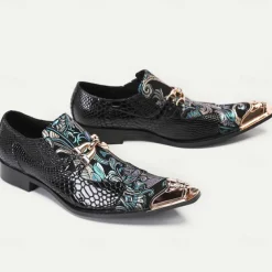 Men's Premium Cowhide Leather Punk Style Loafers - Floral Embroidered Slip-On Shoes with Metal Toe Cap and Buckle