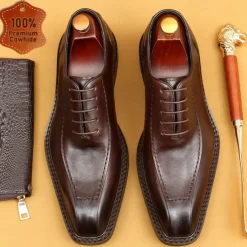 Men's Premium Cowhide Leather Oxford Shoes - Formal Business Dress Footwear with Hand-Stitched Detailing, Ideal for Weddings, Office and Formal Events