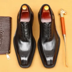 Men's Premium Cowhide Leather Oxford Shoes - Formal Business Dress Footwear with Hand-Stitched Detailing, Ideal for Weddings, Office and Formal Events