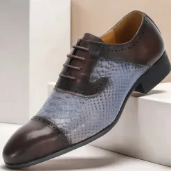 Men's Premium Cowhide Leather Dress Shoes – Genuine Crocodile Embossed Oxford with Classic Lace-Up Design for Formal Events