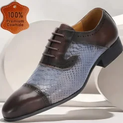 Men's Premium Cowhide Leather Dress Shoes – Genuine Crocodile Embossed Oxford with Classic Lace-Up Design for Formal Events