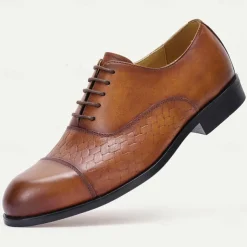 Men's Premium Cowhide Oxford Shoes with Woven Leather Design, Classic Lace-Up Style for Formal and Business Occasions