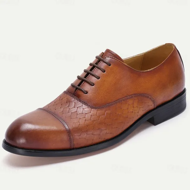 Men's Premium Cowhide Oxford Shoes with Woven Leather Design, Classic Lace-Up Style for Formal and Business Occasions