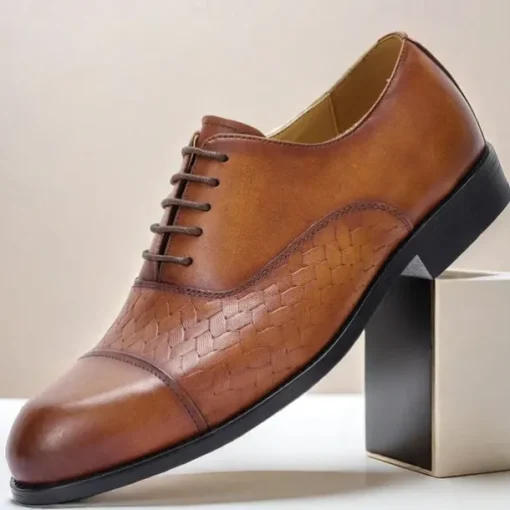 Men's Premium Cowhide Oxford Shoes with Woven Leather Design, Classic Lace-Up Style for Formal and Business Occasions