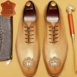 Men's Premium Cowhide Oxford Shoes - Vintage Brogue Lace-Up Dress Shoes with Intricate Engraved Detailing for Formal Occasions