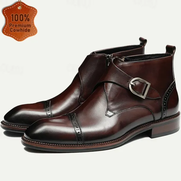 Men's Premium Leather Buckle Ankle Boots - 100% Cowhide Zipper and Brogue Detailing for Formal and Casual Wear