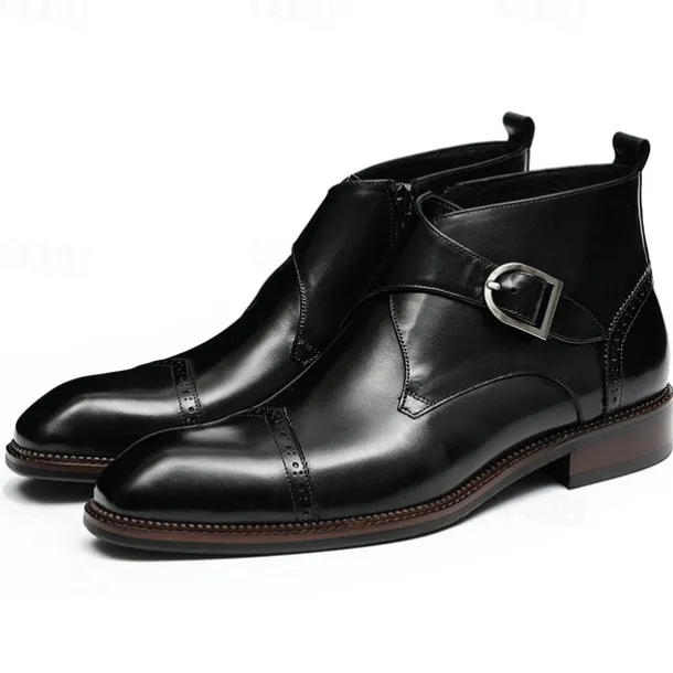Men's Premium Leather Buckle Ankle Boots - 100% Cowhide Zipper and Brogue Detailing for Formal and Casual Wear