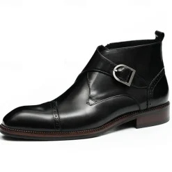 Men's Premium Leather Buckle Ankle Boots - 100% Cowhide Zipper and Brogue Detailing for Formal and Casual Wear