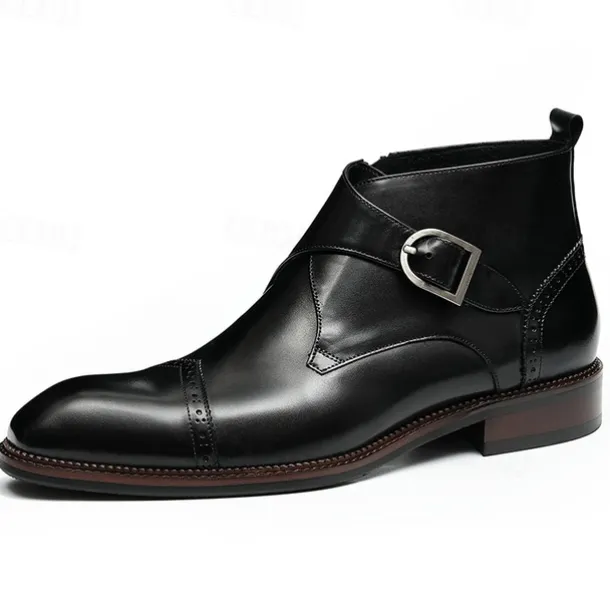 Men's Premium Leather Buckle Ankle Boots - 100% Cowhide Zipper and Brogue Detailing for Formal and Casual Wear