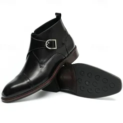Men's Premium Leather Buckle Ankle Boots - 100% Cowhide Zipper and Brogue Detailing for Formal and Casual Wear