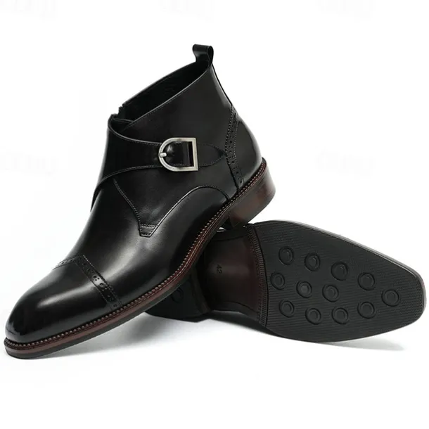 Men's Premium Leather Buckle Ankle Boots - 100% Cowhide Zipper and Brogue Detailing for Formal and Casual Wear