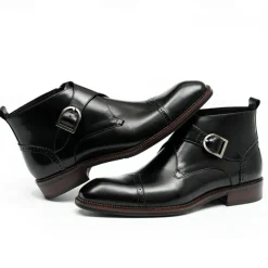 Men's Premium Leather Buckle Ankle Boots - 100% Cowhide Zipper and Brogue Detailing for Formal and Casual Wear