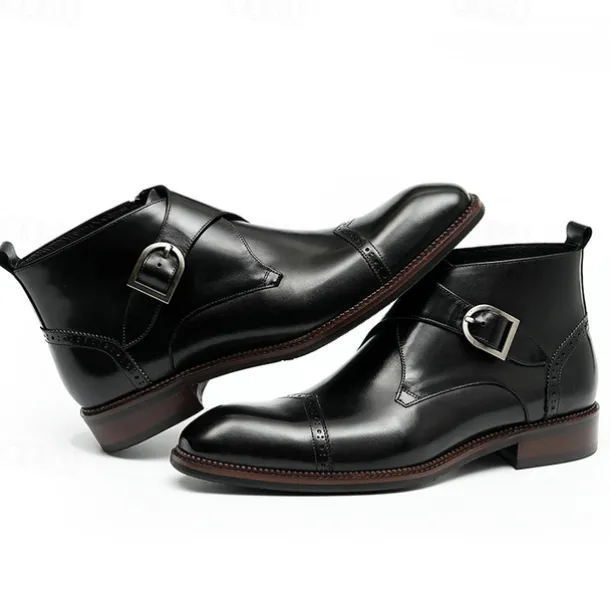 Men's Premium Leather Buckle Ankle Boots - 100% Cowhide Zipper and Brogue Detailing for Formal and Casual Wear