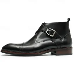 Men's Premium Leather Buckle Ankle Boots - 100% Cowhide Zipper and Brogue Detailing for Formal and Casual Wear