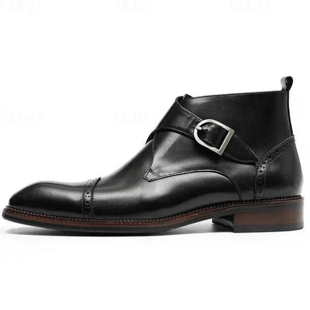 Men's Premium Leather Buckle Ankle Boots - 100% Cowhide Zipper and Brogue Detailing for Formal and Casual Wear