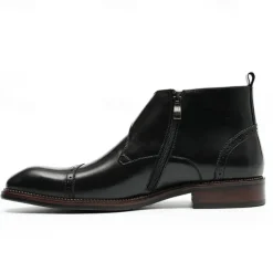 Men's Premium Leather Buckle Ankle Boots - 100% Cowhide Zipper and Brogue Detailing for Formal and Casual Wear