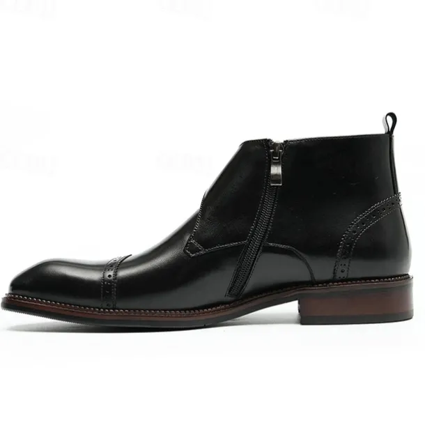 Men's Premium Leather Buckle Ankle Boots - 100% Cowhide Zipper and Brogue Detailing for Formal and Casual Wear