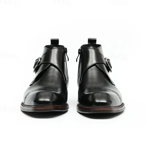 Men's Premium Leather Buckle Ankle Boots - 100% Cowhide Zipper and Brogue Detailing for Formal and Casual Wear