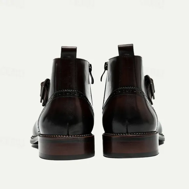 Men's Premium Leather Buckle Ankle Boots - 100% Cowhide Zipper and Brogue Detailing for Formal and Casual Wear