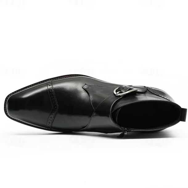 Men's Premium Leather Buckle Ankle Boots - 100% Cowhide Zipper and Brogue Detailing for Formal and Casual Wear