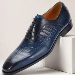 Men's Premium Navy Blue Crocodile Leather Lace-Up Dress Shoes for Exclusive Weddings, Galas and Formal Occasions