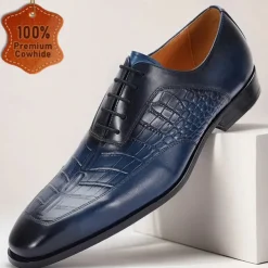 Men's Premium Navy Blue Crocodile Leather Lace-Up Dress Shoes for Exclusive Weddings, Galas and Formal Occasions