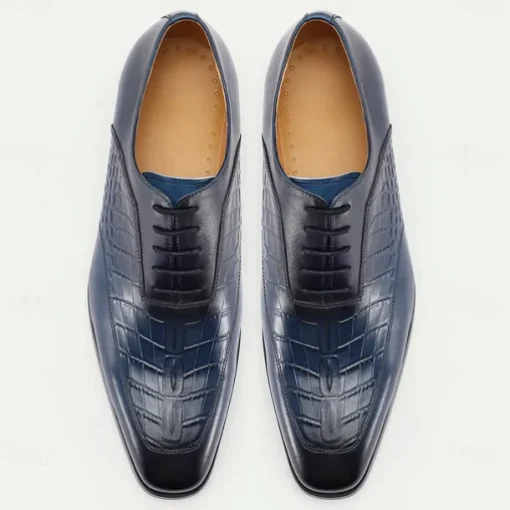 Men's Premium Navy Blue Crocodile Leather Lace-Up Dress Shoes for Exclusive Weddings, Galas and Formal Occasions