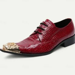 Men's Premium Red Crocodile-Patterned Leather Dress Shoes with Gold Tip Gold Lion Head Toe–Stylish Formal Footwear for Special Occasions