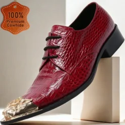 Men's Premium Red Crocodile-Patterned Leather Dress Shoes with Gold Tip Gold Lion Head Toe–Stylish Formal Footwear for Special Occasions