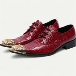 Men's Premium Red Crocodile-Patterned Leather Dress Shoes with Gold Tip Gold Lion Head Toe–Stylish Formal Footwear for Special Occasions