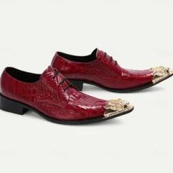 Men's Premium Red Crocodile-Patterned Leather Dress Shoes with Gold Tip Gold Lion Head Toe–Stylish Formal Footwear for Special Occasions