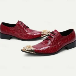 Men's Premium Red Crocodile-Patterned Leather Dress Shoes with Gold Tip Gold Lion Head Toe–Stylish Formal Footwear for Special Occasions