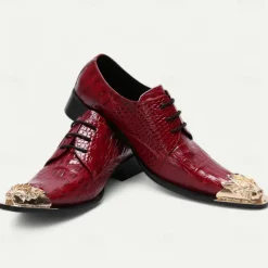 Men's Premium Red Crocodile-Patterned Leather Dress Shoes with Gold Tip Gold Lion Head Toe–Stylish Formal Footwear for Special Occasions