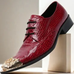 Men's Premium Red Crocodile-Patterned Leather Dress Shoes with Gold Tip Gold Lion Head Toe–Stylish Formal Footwear for Special Occasions