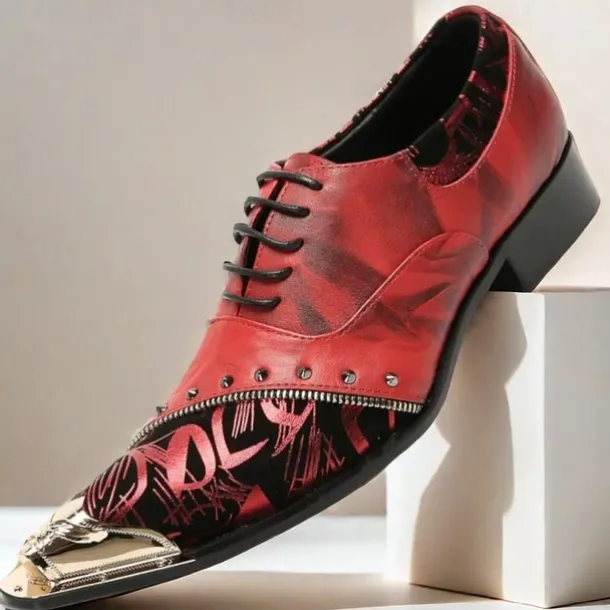 Men's Premium Red Leather Dress Shoes with Gold Tip Artistic Print and Studded Detail–Stylish Formal Footwear for Special Occasions