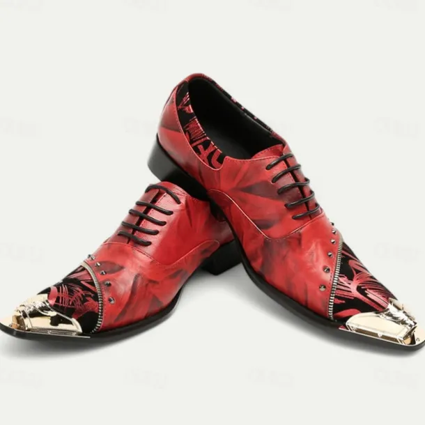 Men's Premium Red Leather Dress Shoes with Gold Tip Artistic Print and Studded Detail–Stylish Formal Footwear for Special Occasions