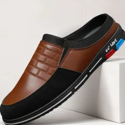 Men's Premium White and Black Faux Leather Casual Mule Shoes with Elastic Details for Stylish Everyday Wear