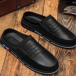 Men's Premium White and Black Faux Leather Casual Mule Shoes with Elastic Details for Stylish Everyday Wear