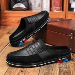 Men's Premium White and Black Faux Leather Casual Mule Shoes with Elastic Details for Stylish Everyday Wear