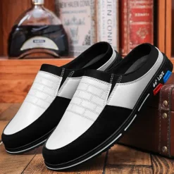 Men's Premium White and Black Faux Leather Casual Mule Shoes with Elastic Details for Stylish Everyday Wear