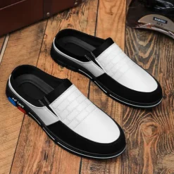 Men's Premium White and Black Faux Leather Casual Mule Shoes with Elastic Details for Stylish Everyday Wear