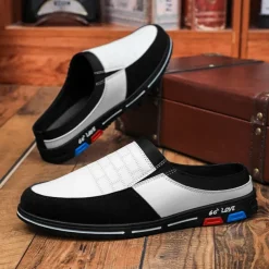 Men's Premium White and Black Faux Leather Casual Mule Shoes with Elastic Details for Stylish Everyday Wear