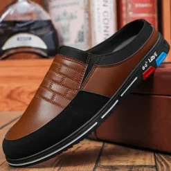 Men's Premium White and Black Faux Leather Casual Mule Shoes with Elastic Details for Stylish Everyday Wear