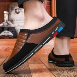 Men's Premium White and Black Faux Leather Casual Mule Shoes with Elastic Details for Stylish Everyday Wear