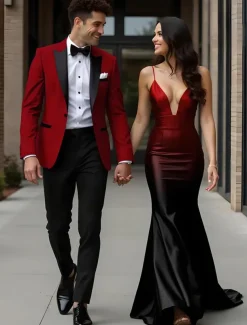 Men's Prom Fall Wedding Party Suits Peaked Lapel Red Grape Fashion Formal Solid Colored Standard Fit 2 Piece Single Breasted One-button