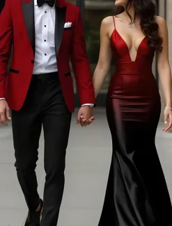 Men's Prom Fall Wedding Party Suits Peaked Lapel Red Grape Fashion Formal Solid Colored Standard Fit 2 Piece Single Breasted One-button